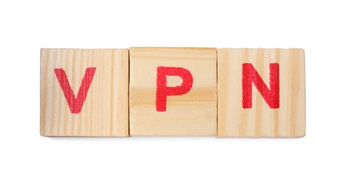 Photo of Cubes with acronym VPN on white background, top view