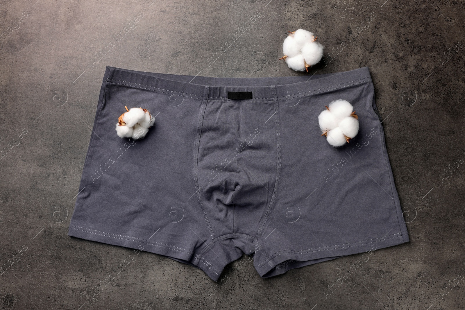 Photo of Man's underwear and cotton flowers on grey table, flat lay