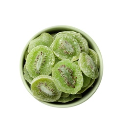 Photo of Bowl with slices of kiwi on white background, top view. Dried fruit as healthy food