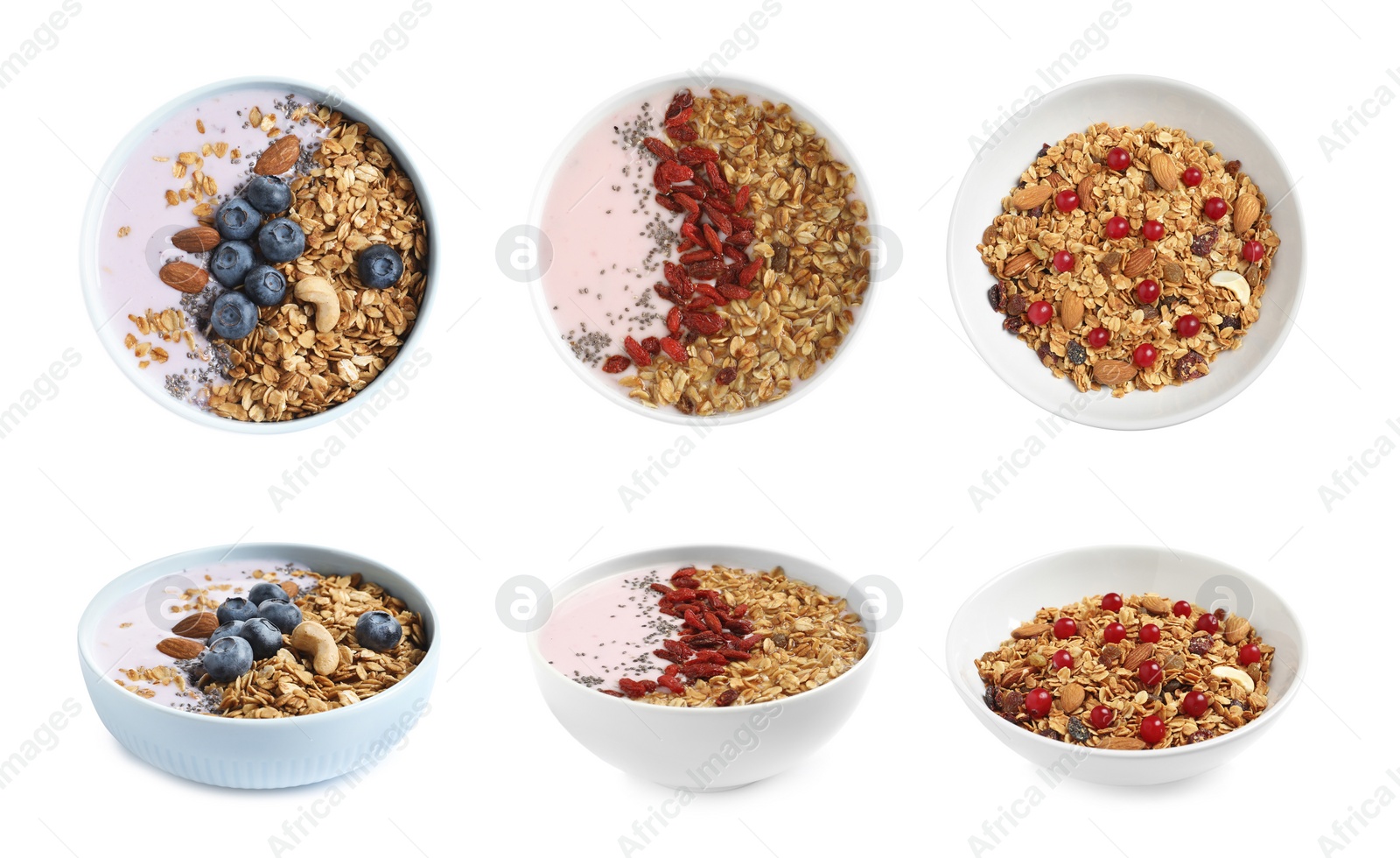 Image of Set of different granola breakfasts with berries on white background