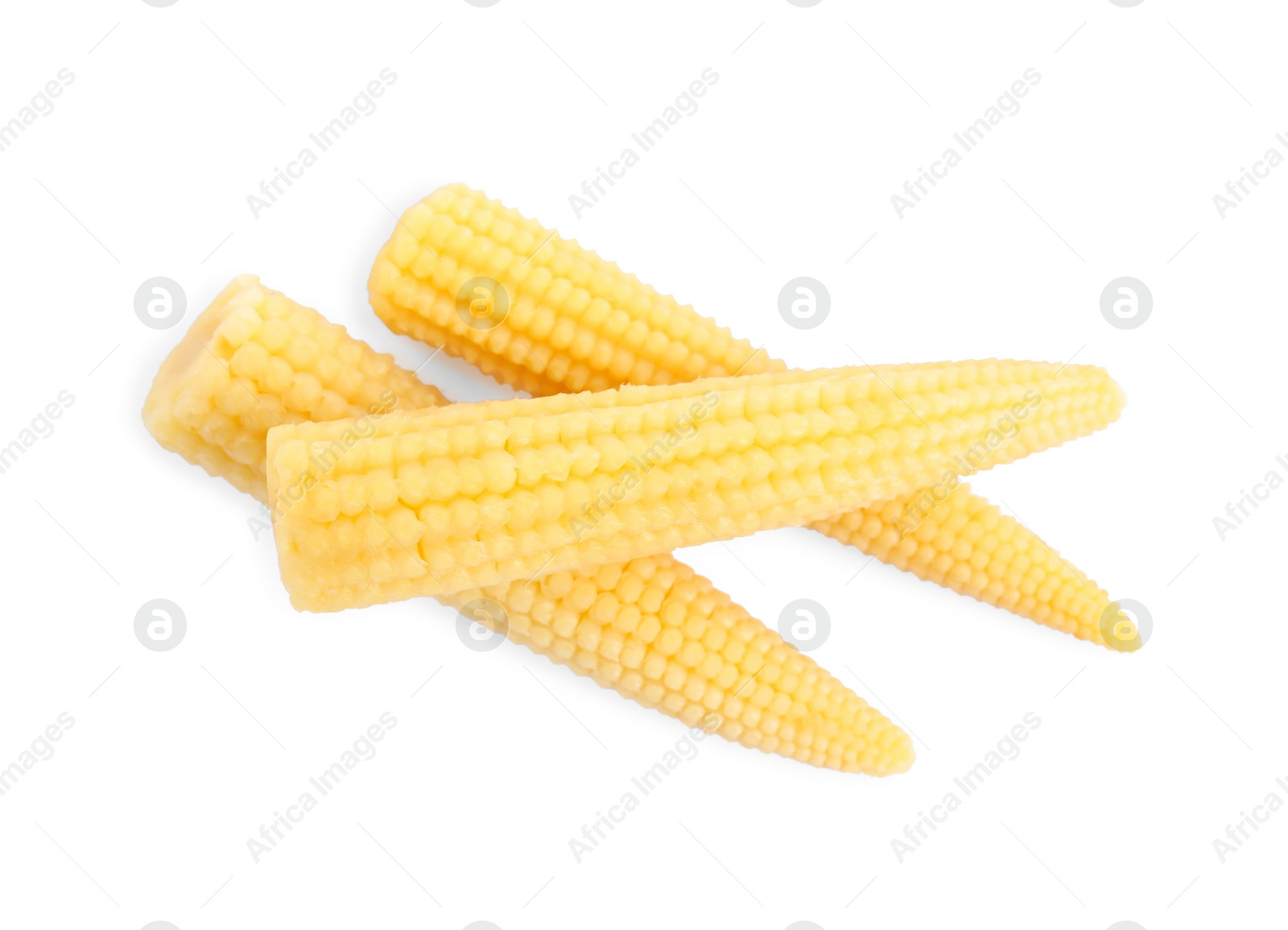 Photo of Fresh baby corn cobs on white background, top view