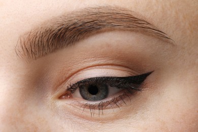 Photo of Makeup product. Woman with black eyeliner and beautiful eyebrow, closeup