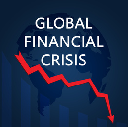 Illustration of  chart and world map on blue background. Coronavirus impact on global financial crisis