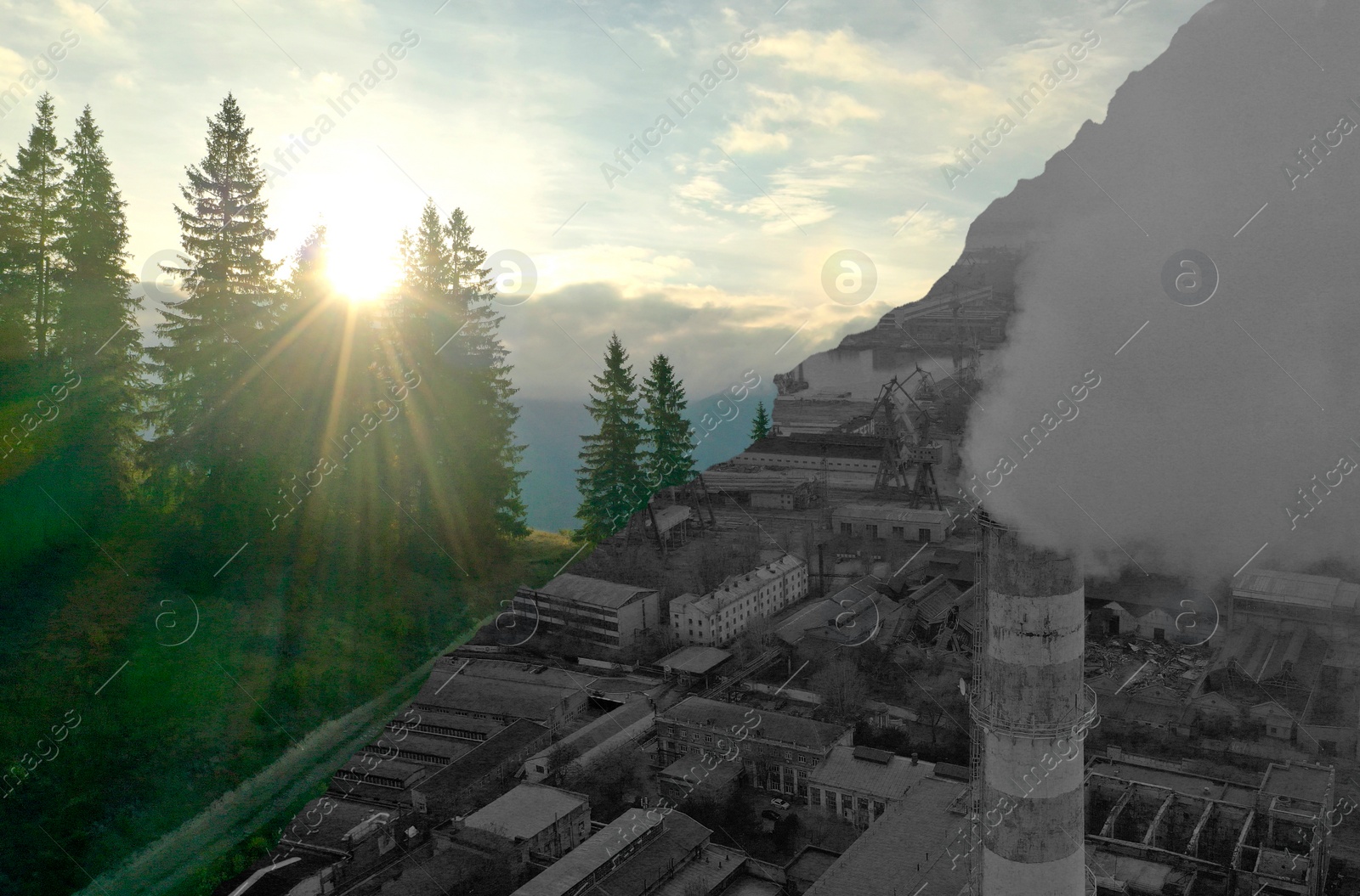 Image of Environmental pollution. Collage divided into mountain landscape and aerial view on industrial factory with emissions