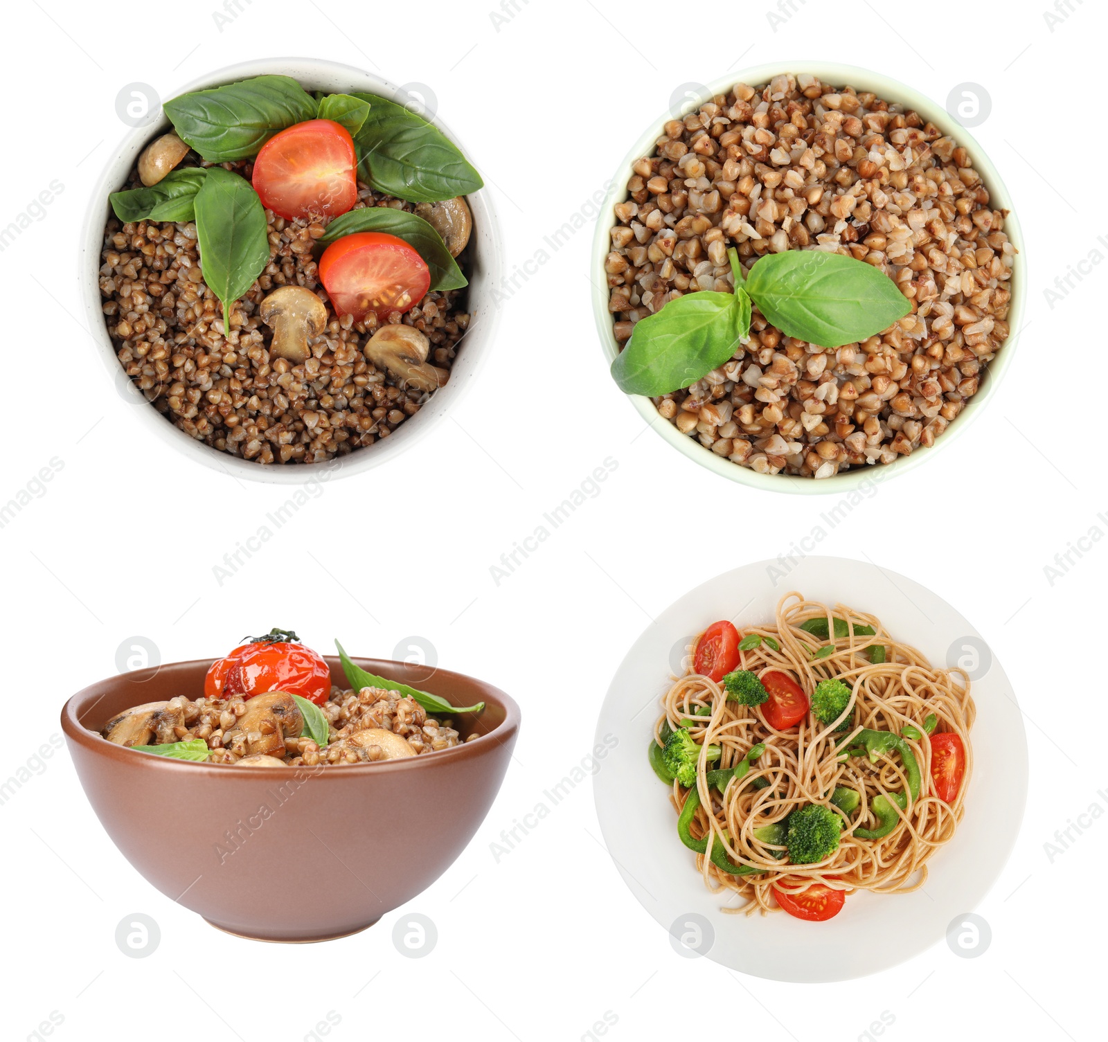 Image of Set with tasty buckwheat porridge and noodles on white background