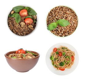 Image of Set with tasty buckwheat porridge and noodles on white background