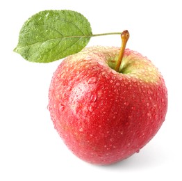 Photo of Wet ripe red apple with leaf isolated on white