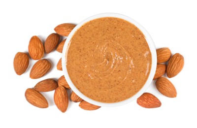 Photo of Delicious nut butter and almonds isolated on white, top view