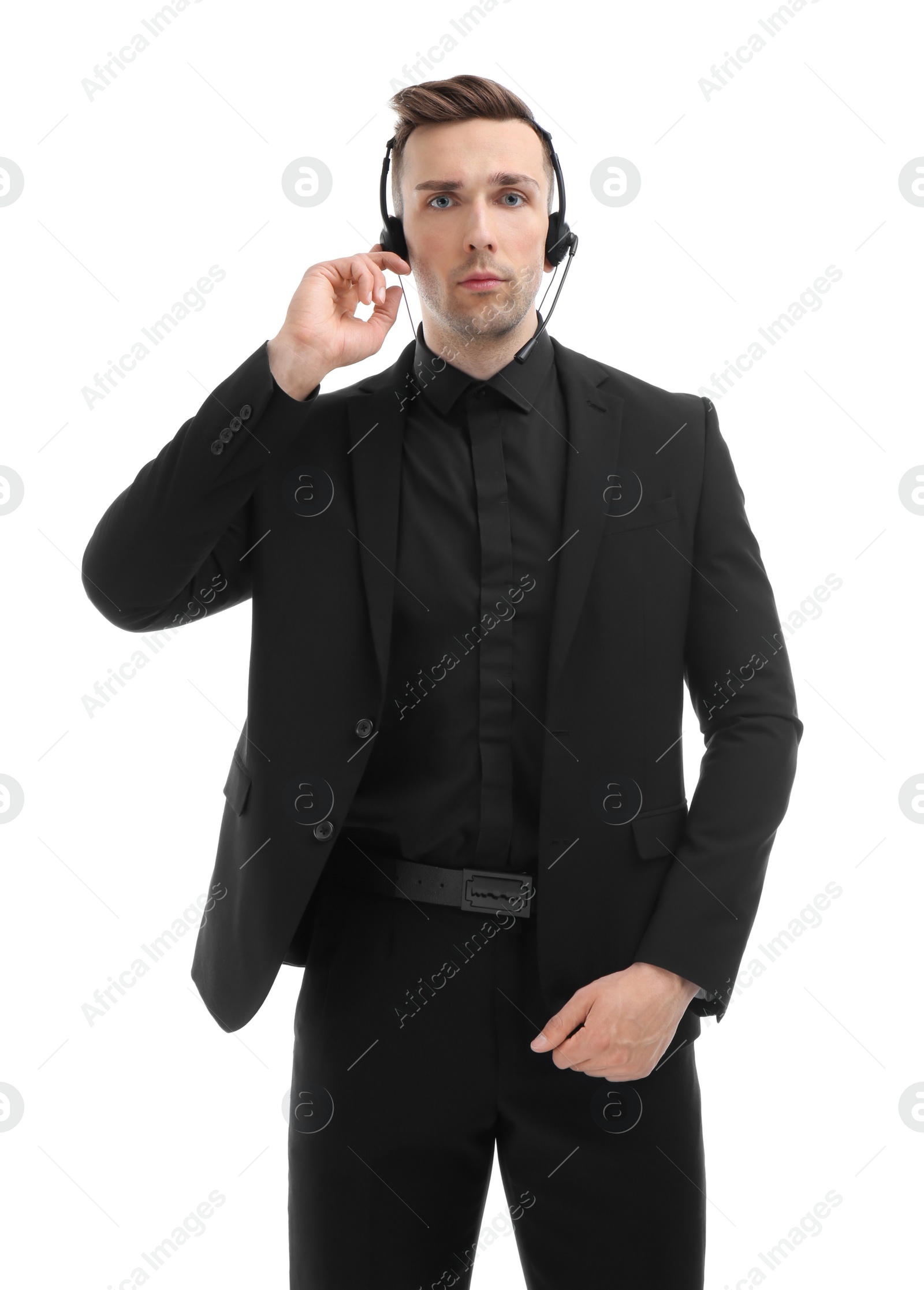 Photo of Male security guard with headset on white background