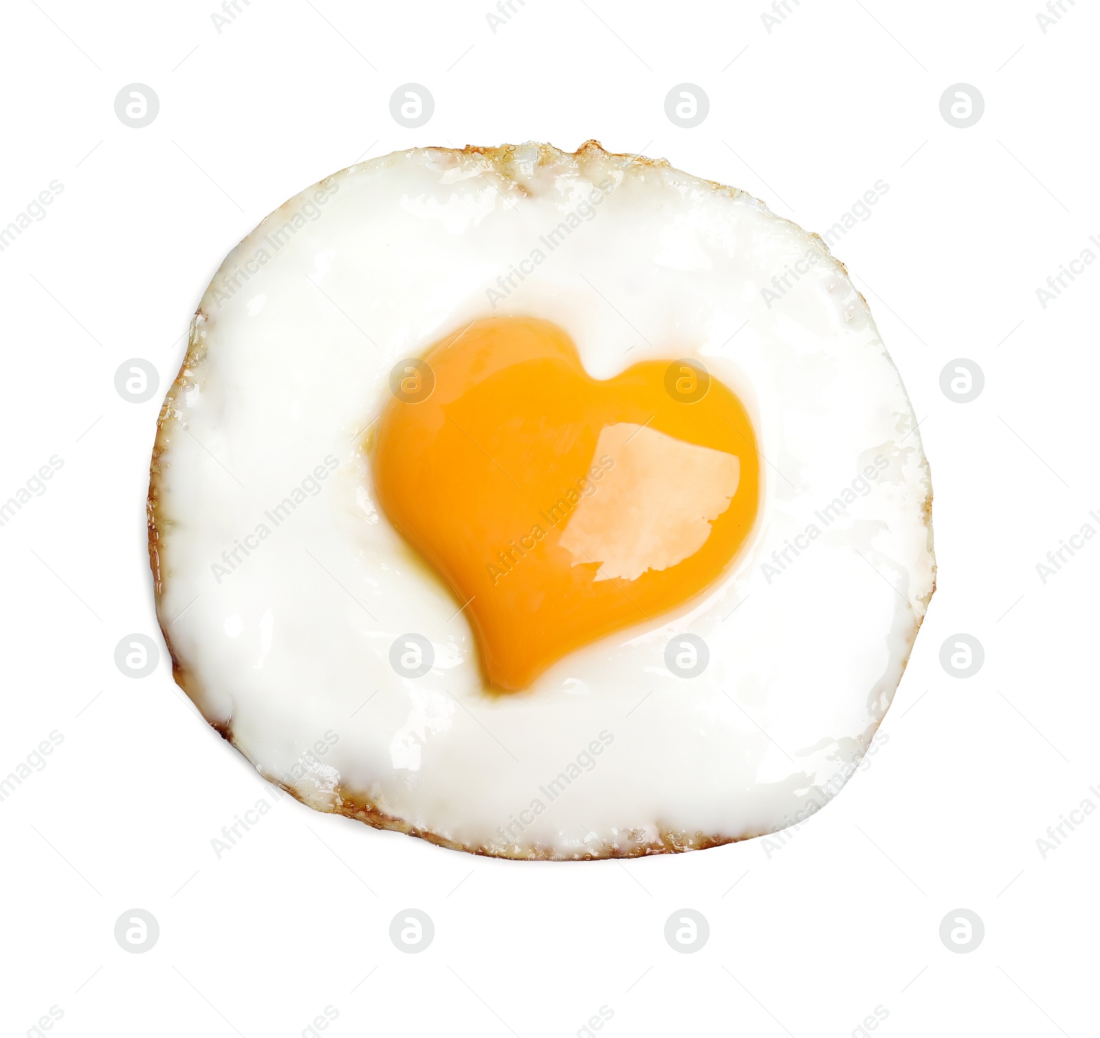 Image of Tasty fried egg with yolk in shape of heart on white background, top view