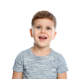 Photo of Portrait of little boy laughing on white background