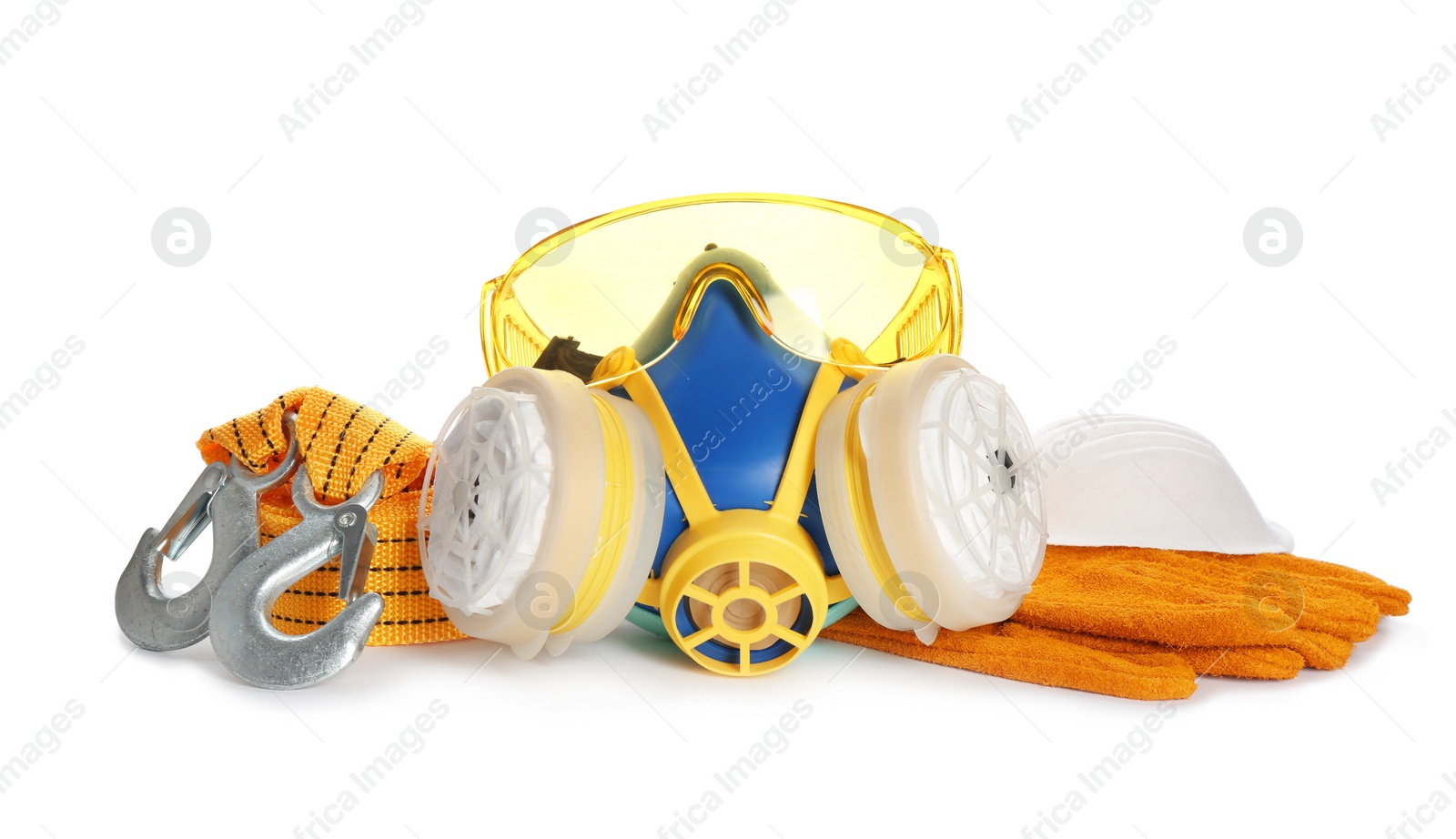 Photo of Protective workwear on white background. Safety equipment