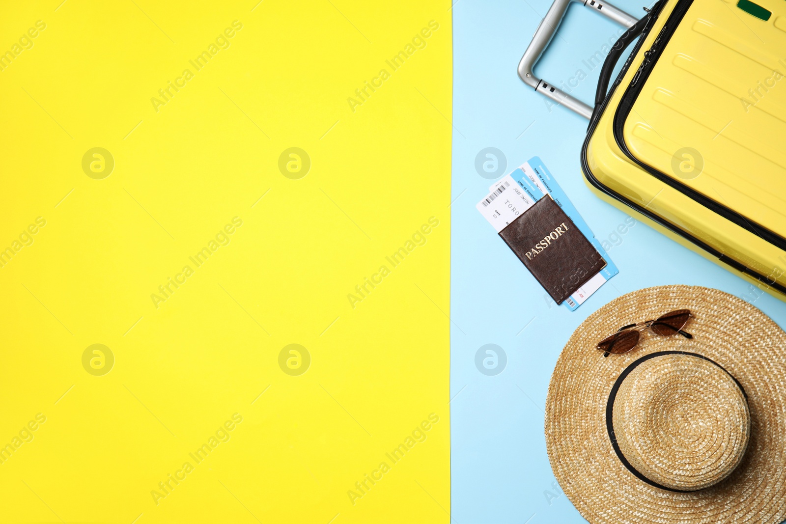 Photo of Flat lay composition with passport, tickets and travel items on color background. Space for text