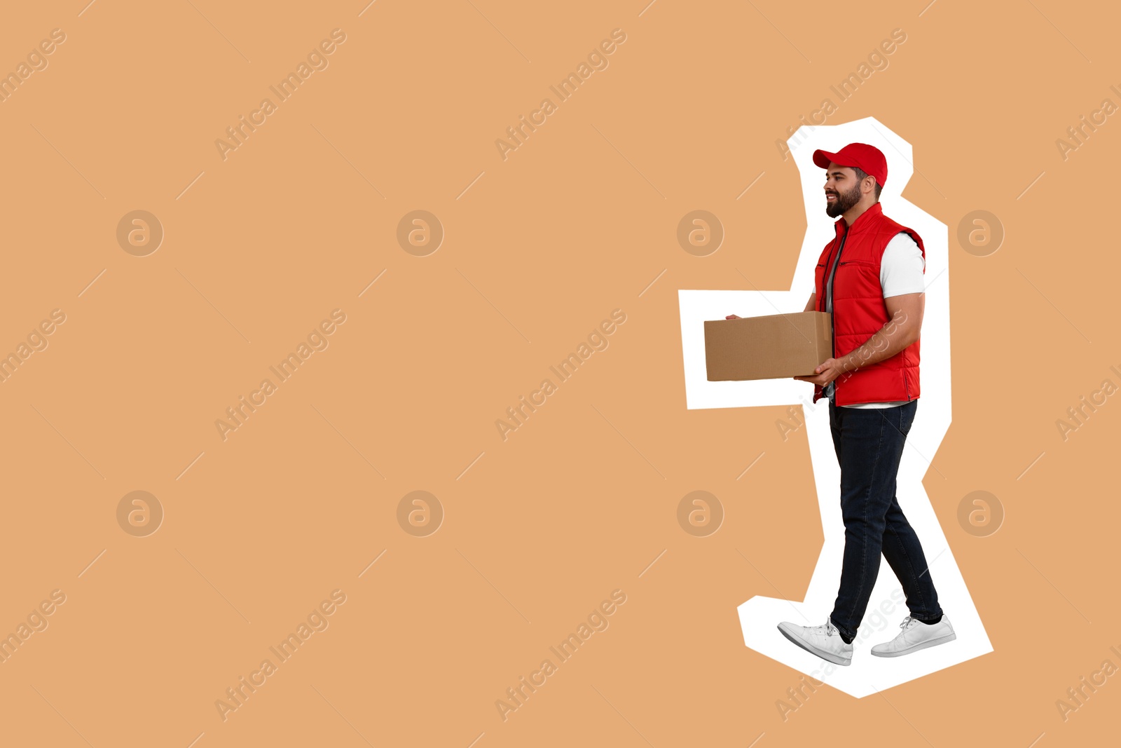 Image of Happy courier with parcel on light brown background, space for text