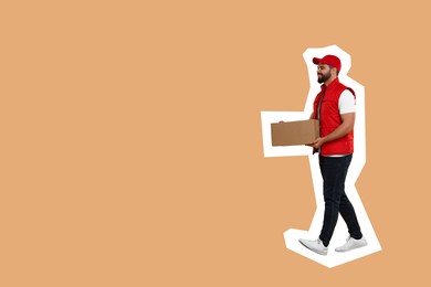 Image of Happy courier with parcel on light brown background, space for text