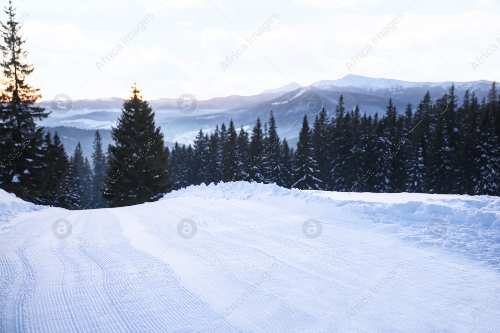 Photo of Empty road covered with snow on winter day