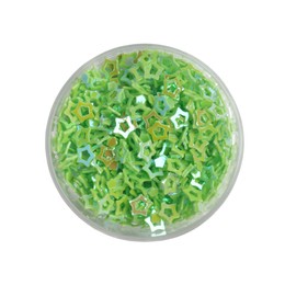 Photo of Green sequins in shape of stars on white background, top view