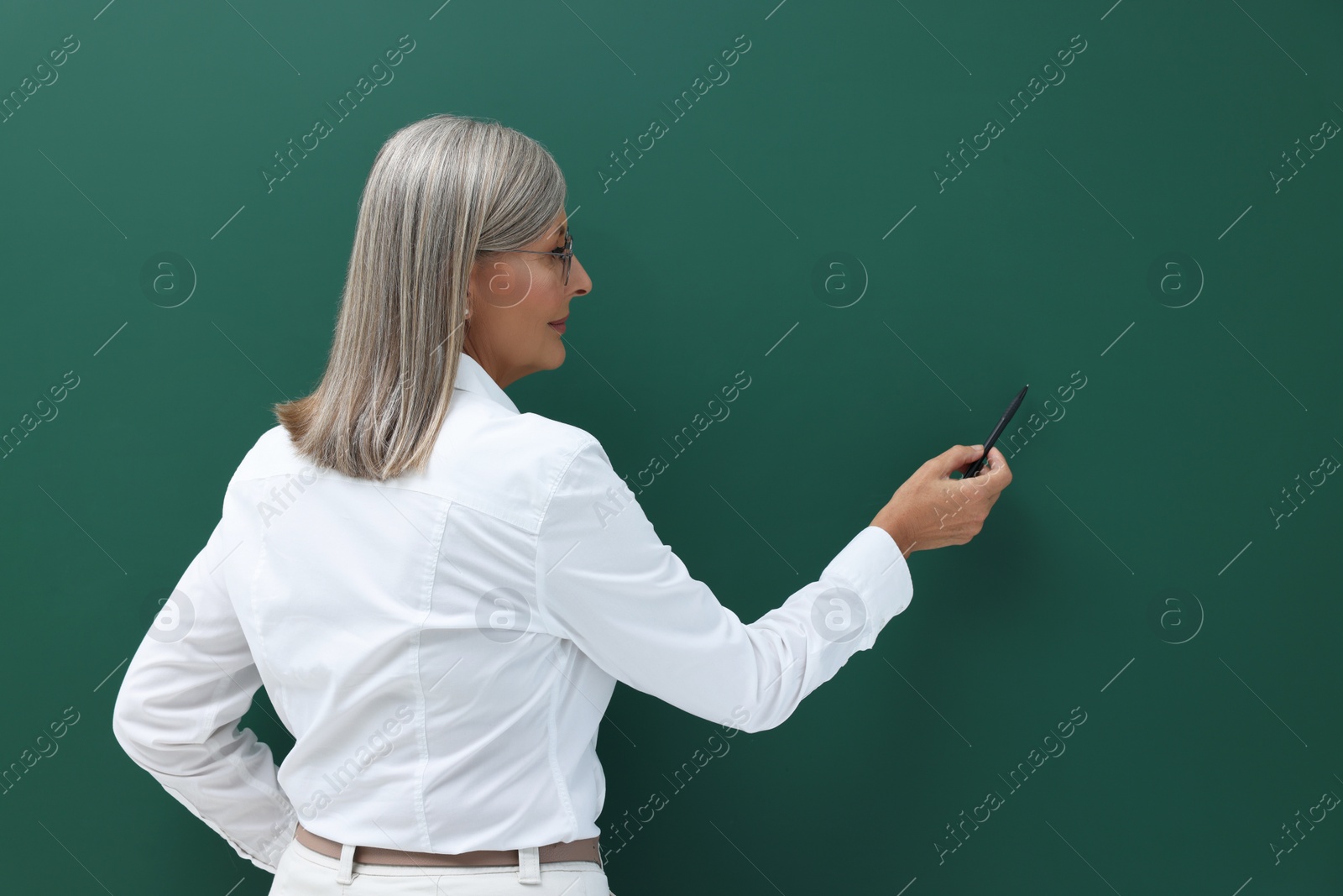 Photo of Professor explaining something at blackboard. Space for text