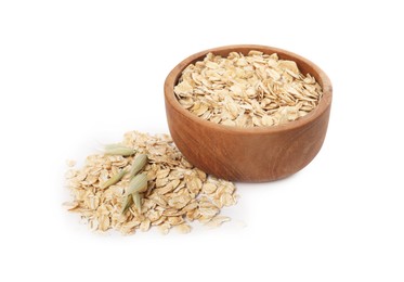 Photo of Wooden bowl with oatmeal and florets isolated on white