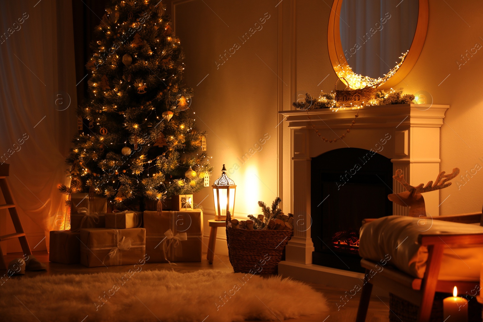 Photo of Beautiful room interior with Christmas tree and fireplace