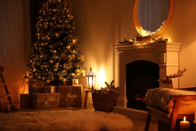 Beautiful room interior with Christmas tree and fireplace