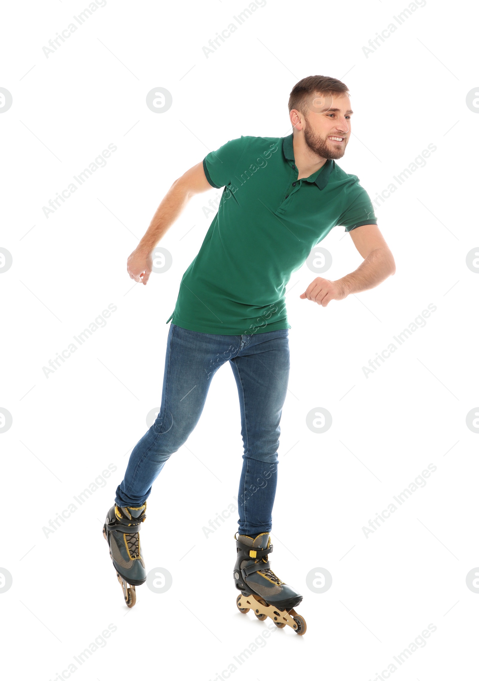 Photo of Young man with inline roller skates on white background