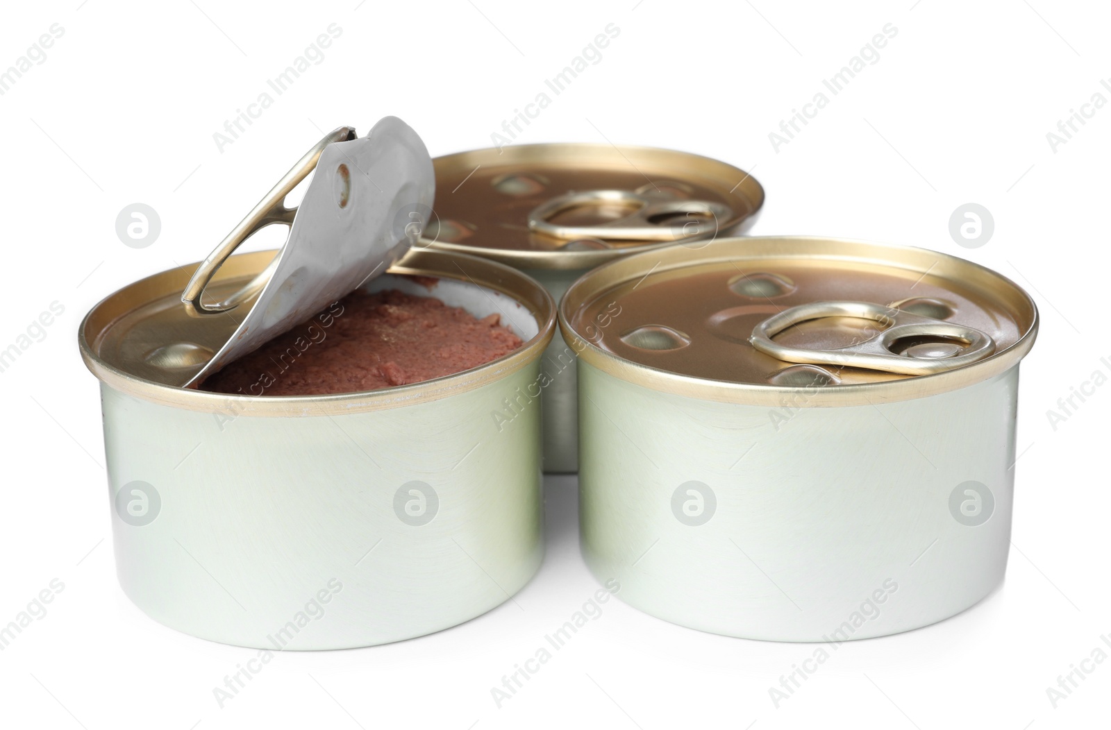 Photo of Tin cans of wet pet food on white background