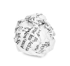 Photo of Crumpled sheet of paper with printed text isolated on white