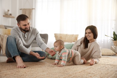 Happy parents watching their baby crawl on floor at home