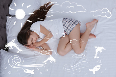 Sweet dreams. Cute girl sleeping, above view. Sun, clouds, dolphins and other illustrations on foreground