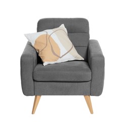 Photo of One grey armchair with pillow isolated on white