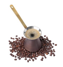 Photo of Hot turkish coffee pot and beans on white background
