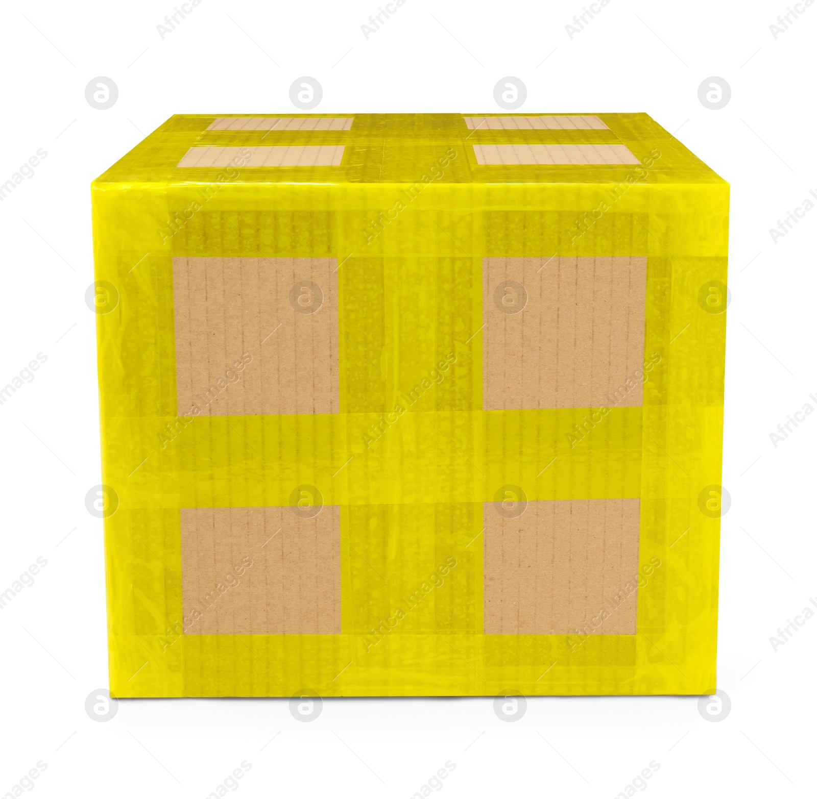 Photo of Cardboard parcel box with yellow sticky tape on white background