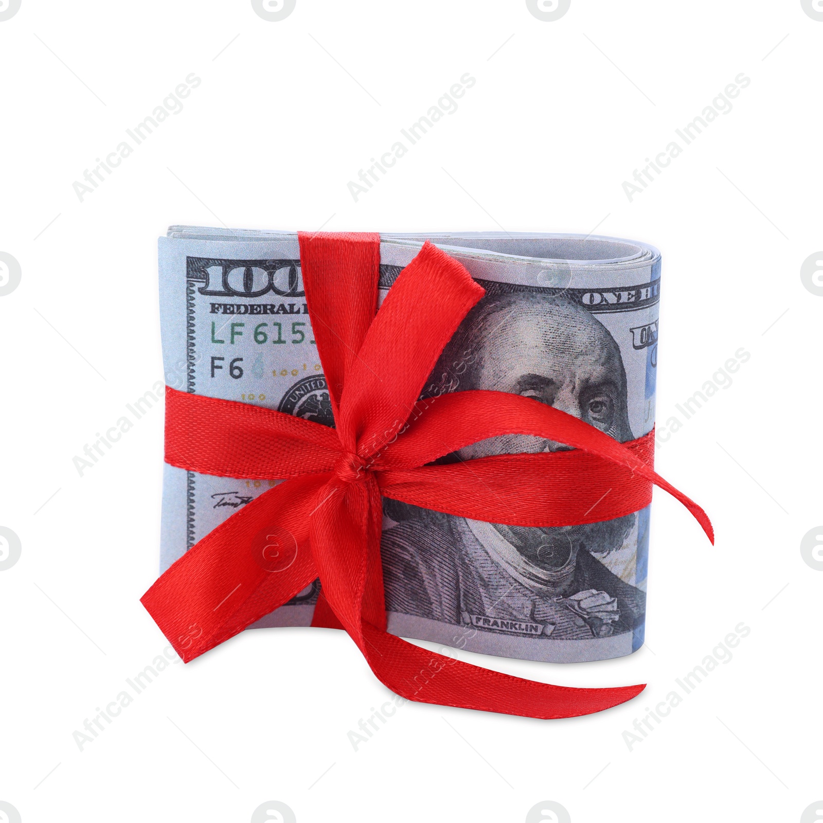 Photo of Dollar banknotes with red ribbon isolated on white