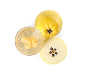 Delicious quince drink in glass and fresh fruits isolated on white, top view