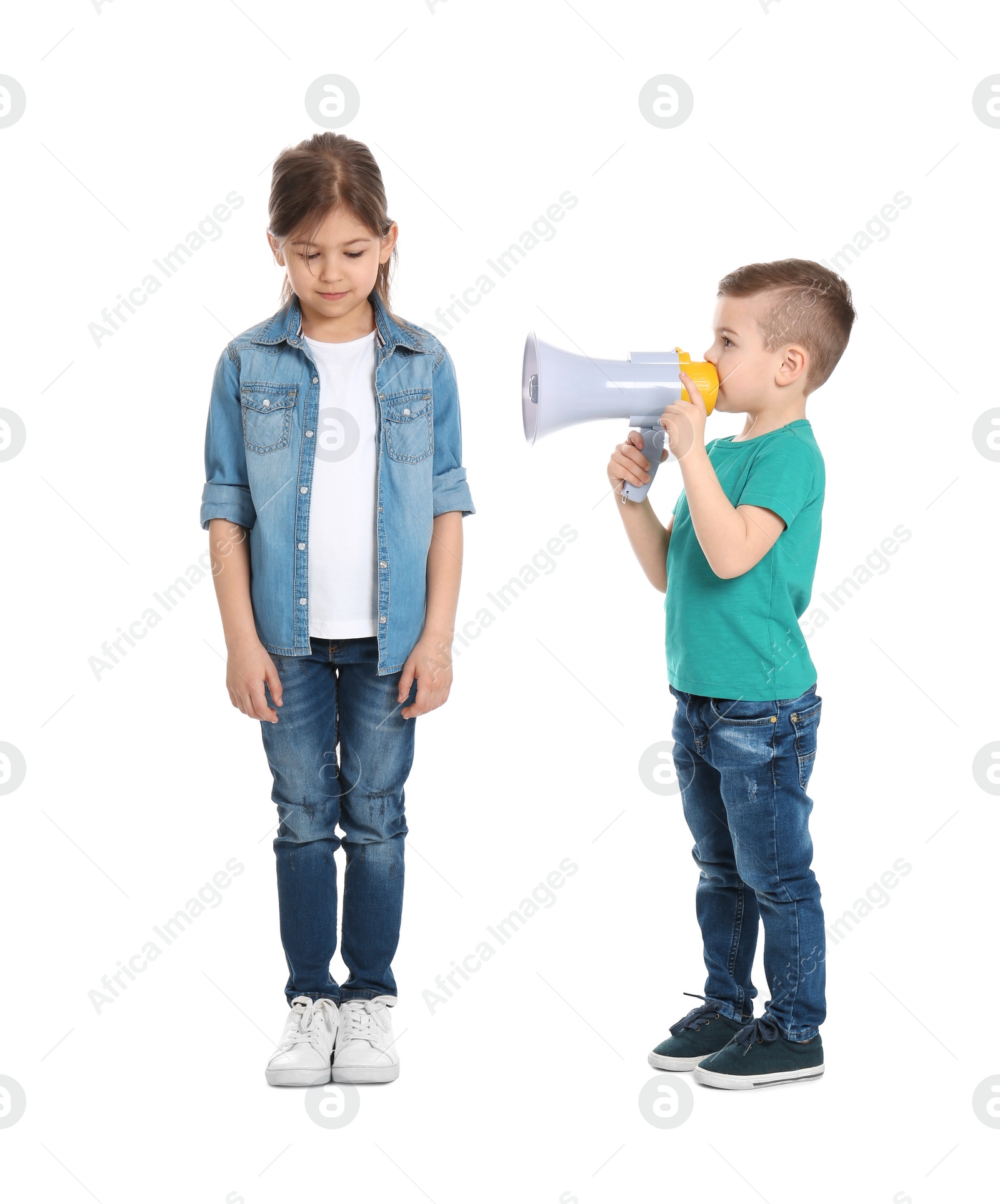Photo of Adorable little kids with megaphone on white background