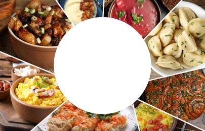 Image of Different tasty Ukrainian dishes. Collage with borscht, cabbage rolls, banosh, pampushky, varenyky and others, space for text