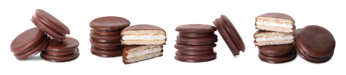 Set with tasty choco pies on white background. Banner design