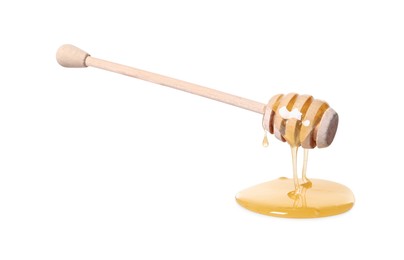 Photo of Natural honey dripping from dipper on white background