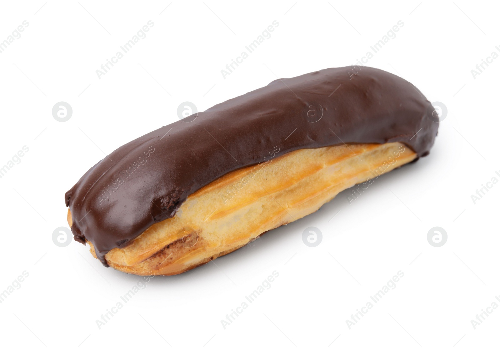 Photo of Delicious eclair covered with chocolate isolated on white