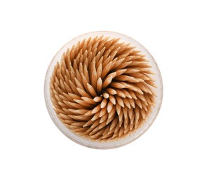 Photo of Holder with wooden toothpicks on white background, top view