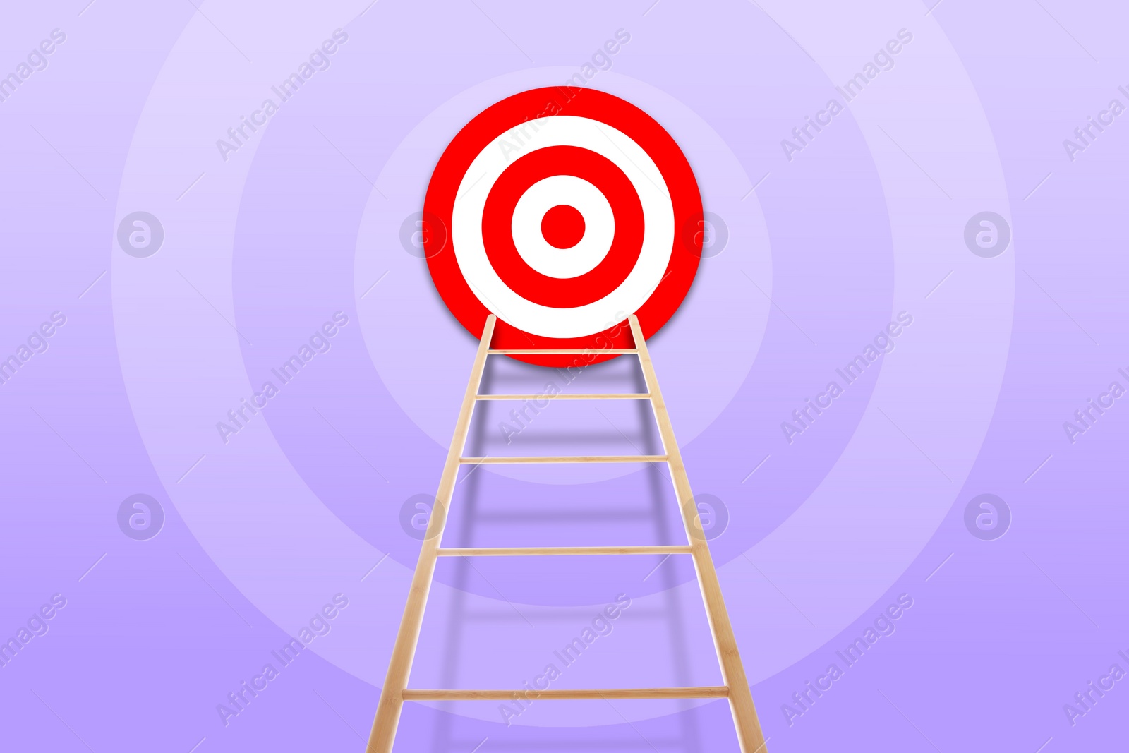 Image of Target and achievement concept. Wooden ladder leading to bullseye on violet background