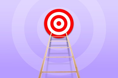 Image of Target and achievement concept. Wooden ladder leading to bullseye on violet background