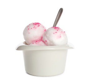 Photo of Snow ice cream with sprinkles and spoon in bowl on white background