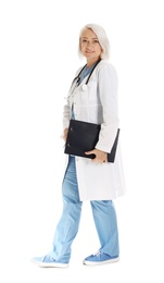 Full length portrait of female doctor with clipboard isolated on white. Medical staff