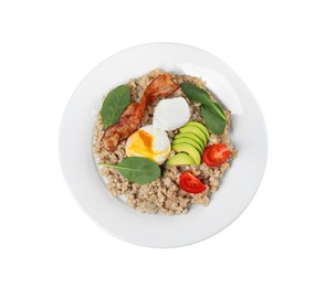 Photo of Delicious boiled oatmeal with poached egg, bacon, avocado and tomato isolated on white, top view