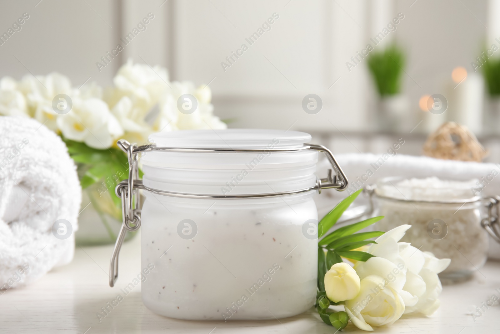 Photo of Composition with salt scrub on white table
