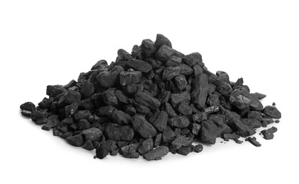 Photo of Heap of coal isolated on white. Mineral deposits