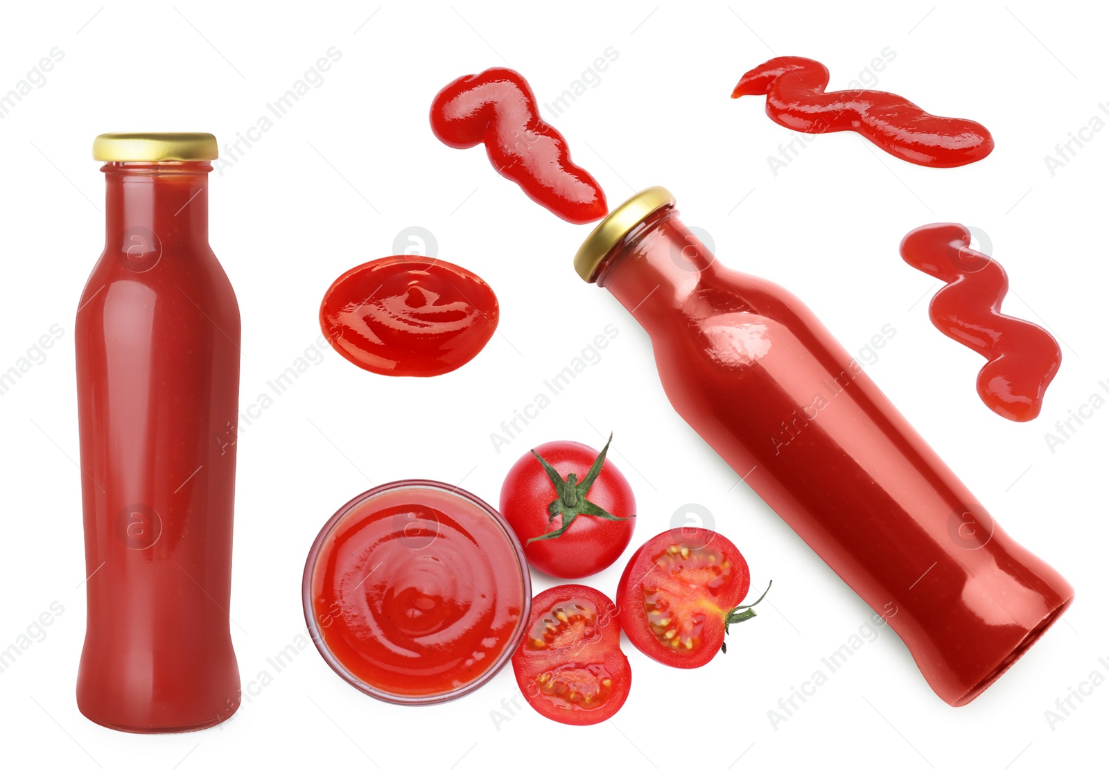 Image of Set of tasty ketchup on white background