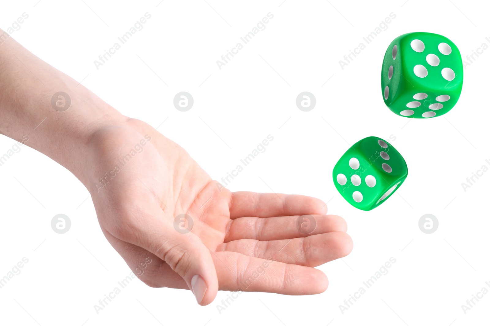 Image of Man throwing green dice on white background, closeup